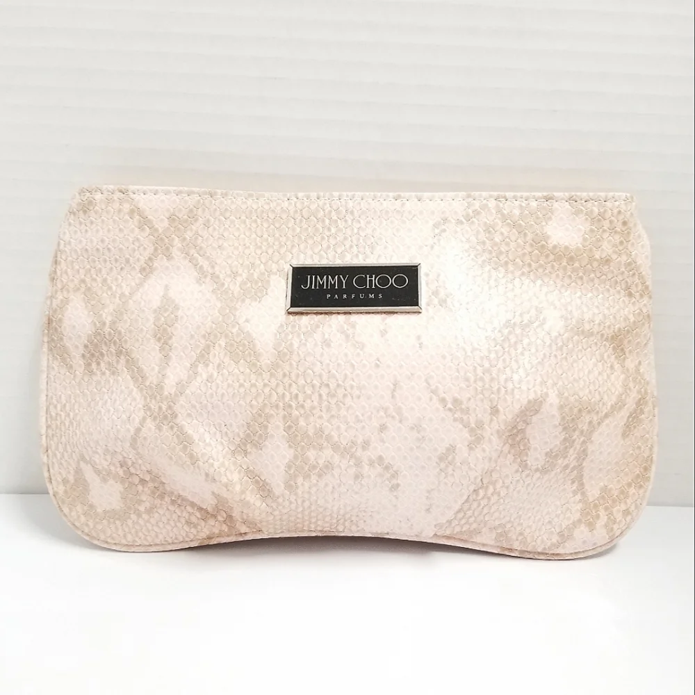 JIMMY CHOO Light Pink Snakeskin Embossed Vegan Cosmetic Clutch Bag